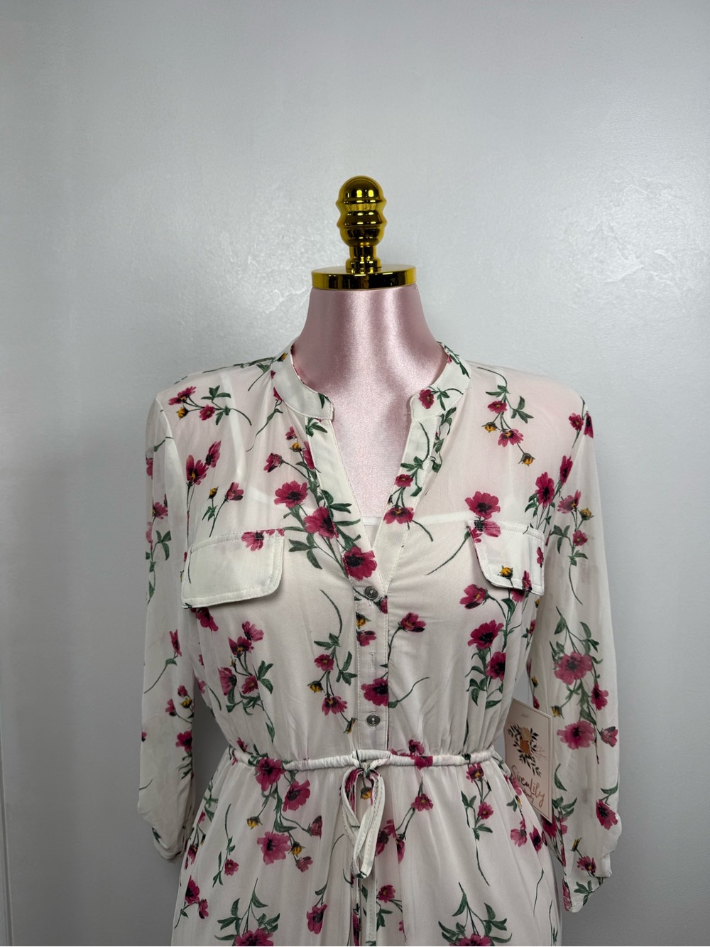 Siren Lily Maternity Floral Dress White Pink Size M NWT Tie Waist Button Front - Picture 4 of 5